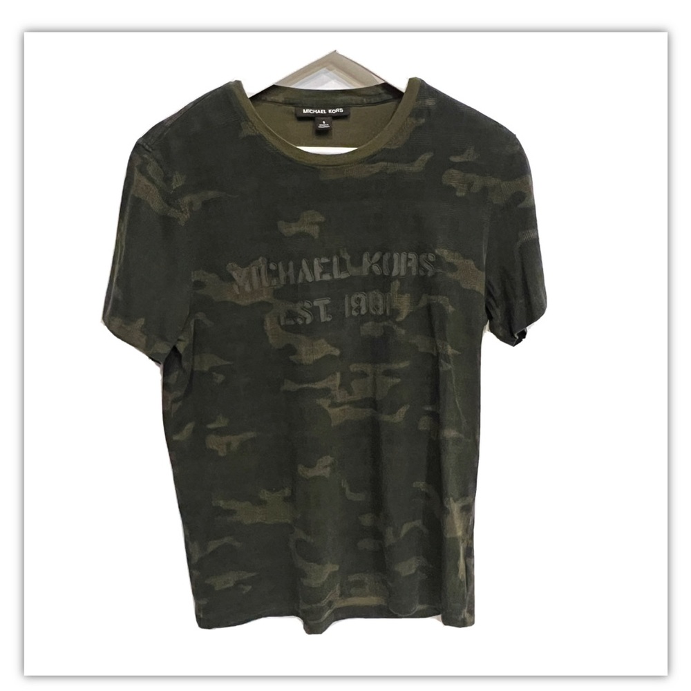 Michael Kors Men’s T Shirt Small S Camouflage Camo Green Spellout Short Sleeve
